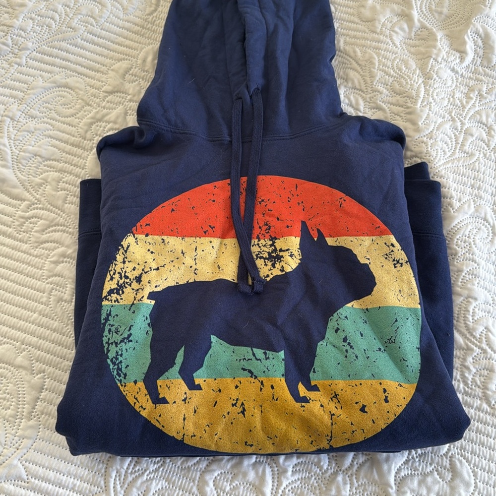 Blue Dog Hoodie with Colorful Bulldog Design